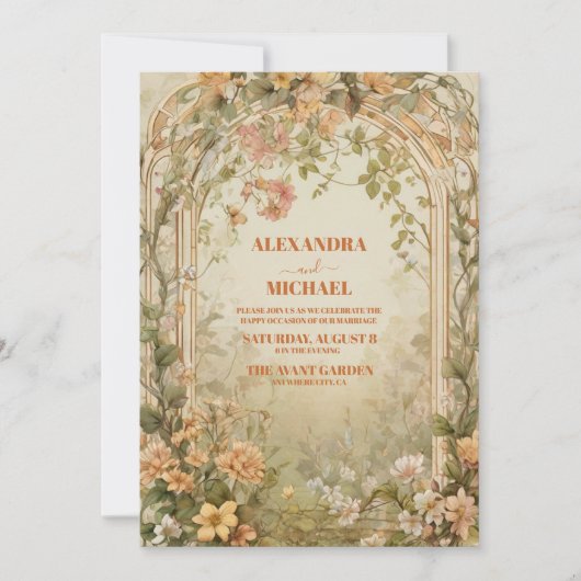 Olijfgroen Bloemen Art Nouveau Bruiloft Kaart (Voorkant)