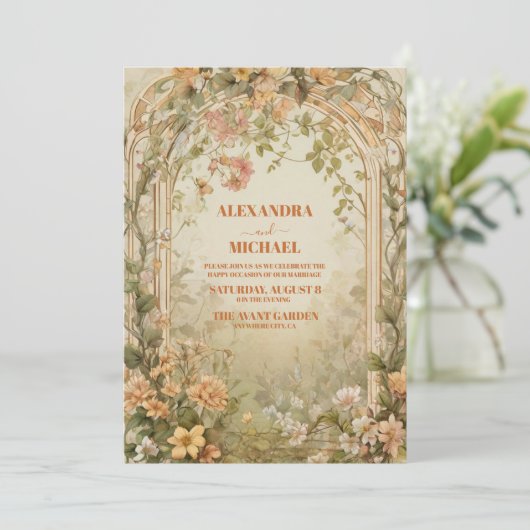  Olijfgroen Bloemen Art Nouveau Bruiloft Kaart (Staand voorkant)