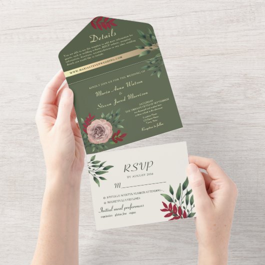 Olijfgroen Bloemen Botanische bruiloft All In One Uitnodiging (Afscheurbaar)