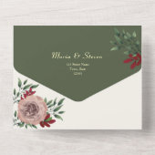 Olijfgroen Bloemen Botanische bruiloft All In One Uitnodiging (Achterkant)
