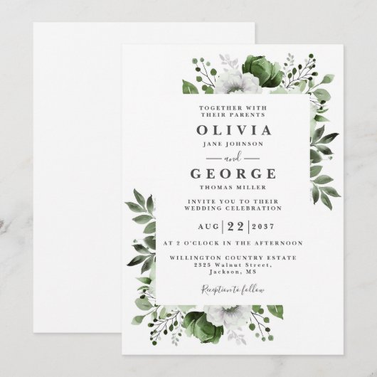 Olijfgroen Bloemen Botanische Moderne Bruiloft Kaart (Voorkant / Achterkant)