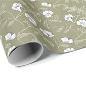 Olijfgroen Bloemen Eenvoudige lijnkunst Witte Bloe Cadeaupapier (Rol Hoek)