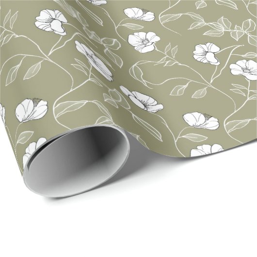 Olijfgroen Bloemen Eenvoudige lijnkunst Witte Bloe Cadeaupapier (Rol Hoek)