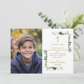 Olijfgroen Bloemen Foto Eerste Heilige Communie Bedankkaart (Staand voorkant)