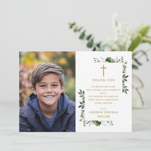Olijfgroen Bloemen Foto Eerste Heilige Communie Bedankkaart (Staand voorkant)