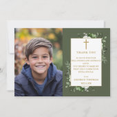 Olijfgroen Bloemen Foto Eerste Heilige Communie Bedankkaart (Voorkant)