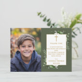 Olijfgroen Bloemen Foto Eerste Heilige Communie Bedankkaart (Staand voorkant)