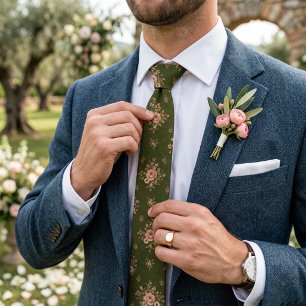 Olijfgroen Blush Roze Chintz Boeket Patroon Stropdas