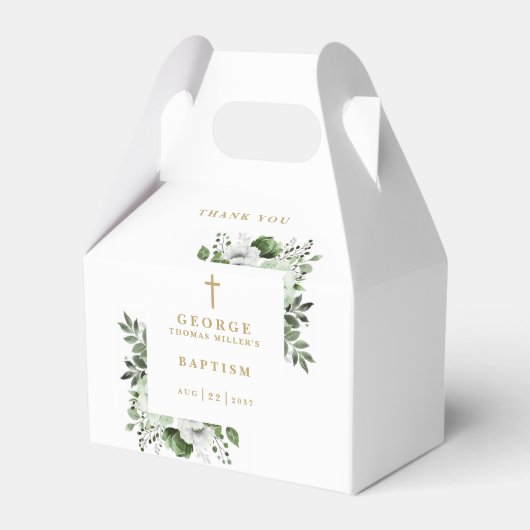 Olijfgroen Botanisch Modern Doopsel Bedankdoosjes (Achterkant)
