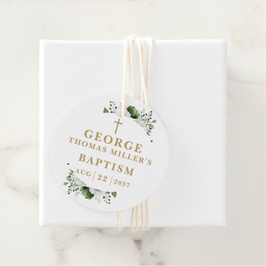 Olijfgroen Botanisch Modern Doopsel Bedankjes Labels (In situ)