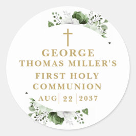 Olijfgroen Botanische Moderne Heilige Communie Ronde Sticker