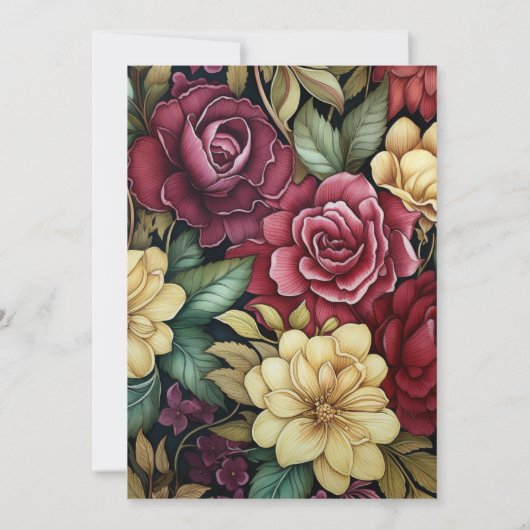 Olijfgroen, Bourgondië en Goud Bloemen bruiloft Kaart (Achterkant)