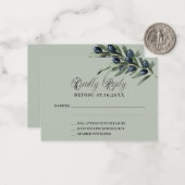 Olijfgroen bruiloft reactie RSVP Notitiekaartje (Voorkant / Achterkant in situ)