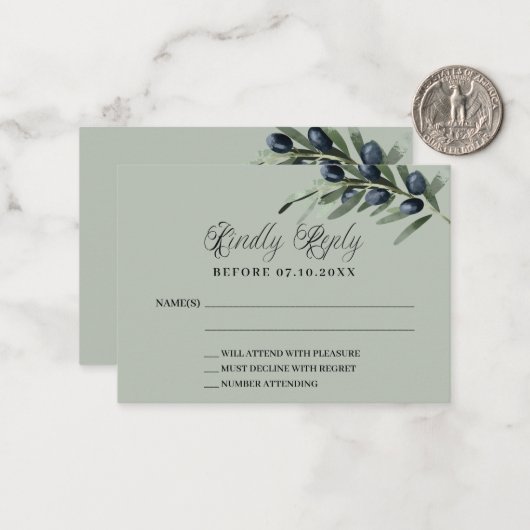 Olijfgroen bruiloft reactie RSVP Notitiekaartje (Voorkant / Achterkant in situ)