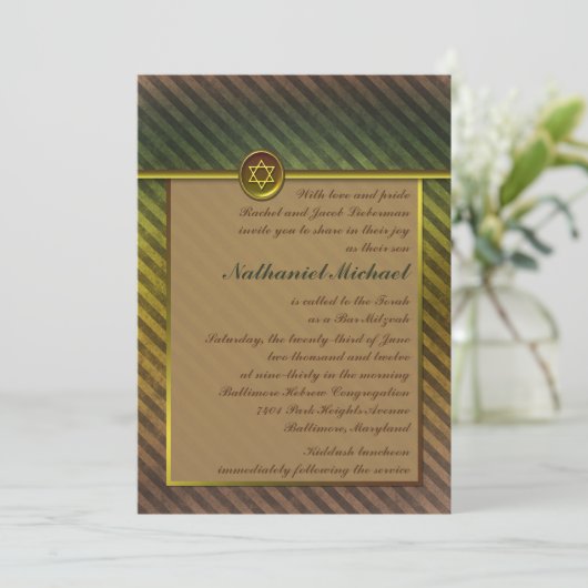 Olijfgroen, bruin gestreepte bar Mitzvah uitnodigi Kaart (Staand voorkant)