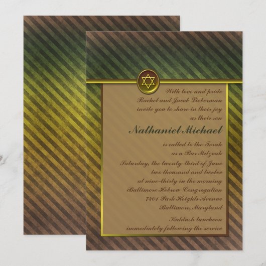 Olijfgroen, bruin gestreepte bar Mitzvah uitnodigi Kaart (Voorkant / Achterkant)