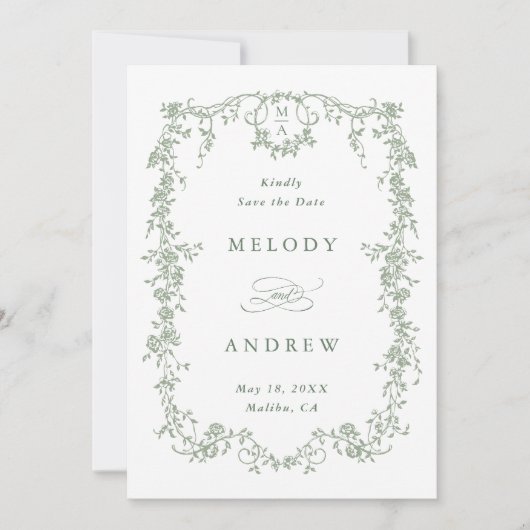 Olijfgroen Classic Franse Bloemen Trouwfoto Save The Date (Voorkant)