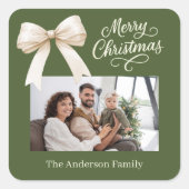 Olijfgroen crème boog foto script Kerstmis Vierkante Sticker (Voorkant)