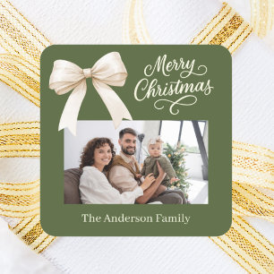 Olijfgroen crème boog foto script Kerstmis Vierkante Sticker