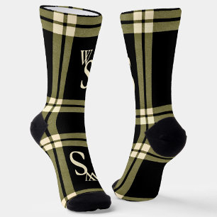 Olijfgroen, crème en zwart plaid monogram sokken