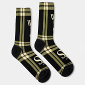 Olijfgroen, crème en zwart plaid monogram sokken (Rechts)