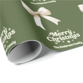 Olijfgroen crème strik retro kerst cadeaupapier (Rol Hoek)