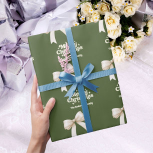 Olijfgroen crème strik retro kerst cadeaupapier