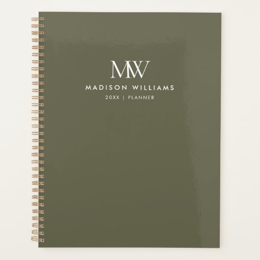 Olijfgroen Eenvoudig Elegant Modern Monogram Planner (Voorkant)