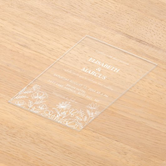 Olijfgroen eenvoudige bloemenbruiloft acryl uitnodigingen (Laagn)