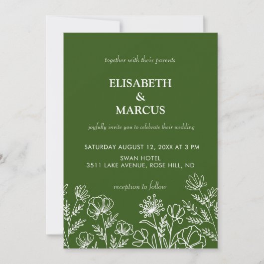 Olijfgroen eenvoudige bloemenbruiloft uitnodiging (Voorkant)