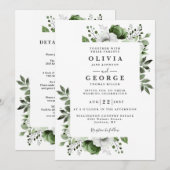 Olijfgroen Elegant Bloemen Alles in één bruiloft Kaart (Voorkant / Achterkant)