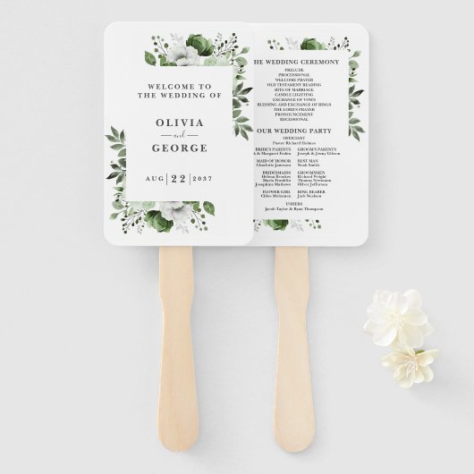 Olijfgroen Elegant Bloemen Trouwprogramma Handwaaier (Voorkant en achterkant)