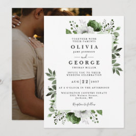 Olijfgroen Elegant Botanische Bloemen Foto Bruilof Kaart