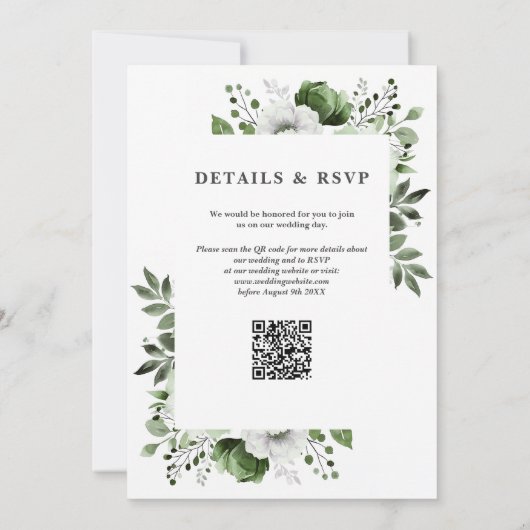 Olijfgroen Elegant Land Bloemen QR Code Bruiloft Kaart (Achterkant)