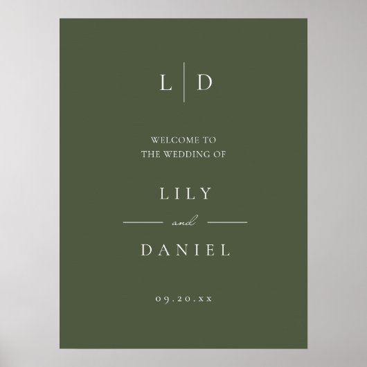 Olijfgroen Elegant Monogram Bruiloft Welkomstbord Poster (Voorkant)