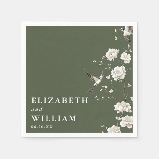 Olijfgroen Elegante Chinoiserie Bloemenbruiloft Servet (Voorkant)