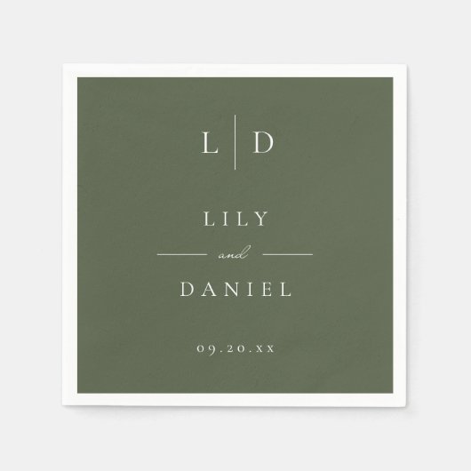 Olijfgroen Elegante Minimalistische Monogram Huwel Servet (Voorkant)