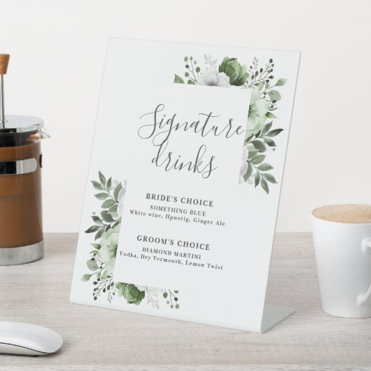 Olijfgroen Elegante Moderne Bloemen Signature Drin Reclamebord Met Voetstuk (Insitu)