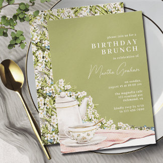 Olijfgroen | Elegante  Tea Birthday Brunch Kaart