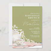 Olijfgroen | Elegante  Tea Birthday Brunch Kaart (Voorkant)