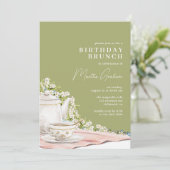 Olijfgroen | Elegante  Tea Birthday Brunch Kaart (Staand voorkant)