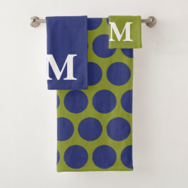 Olijfgroen en blauwe polka stippen monogram initia bad handdoek
