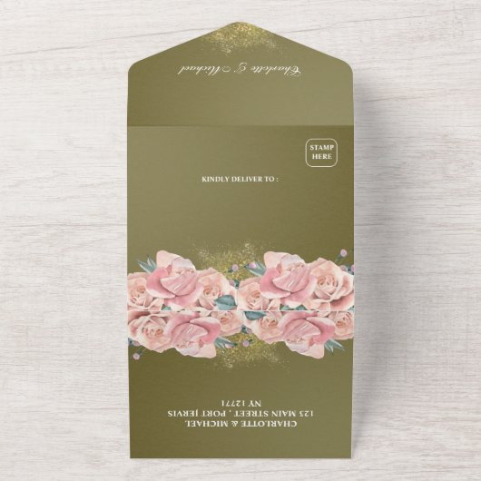 Olijfgroen en bleekroze Floral Weddenschap All In One Uitnodiging (Buitenkant)