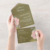 Olijfgroen en bleekroze Floral Weddenschap All In One Uitnodiging (Afscheurbaar)