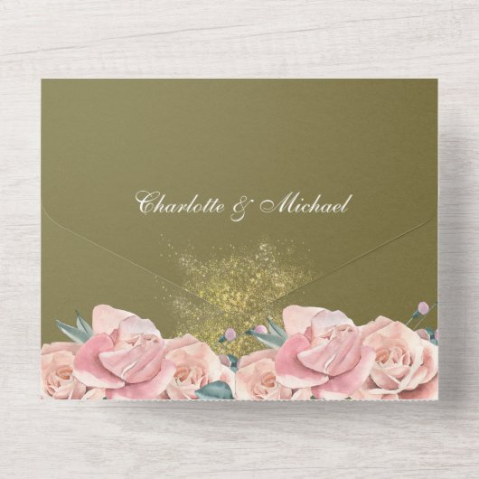 Olijfgroen en bleekroze Floral Weddenschap All In One Uitnodiging (Achterkant)