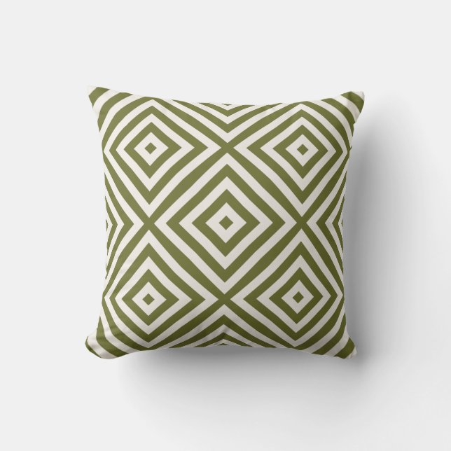 Olijfgroen en Cream Diamond Geometric Pattern Kussen (Voorkant)