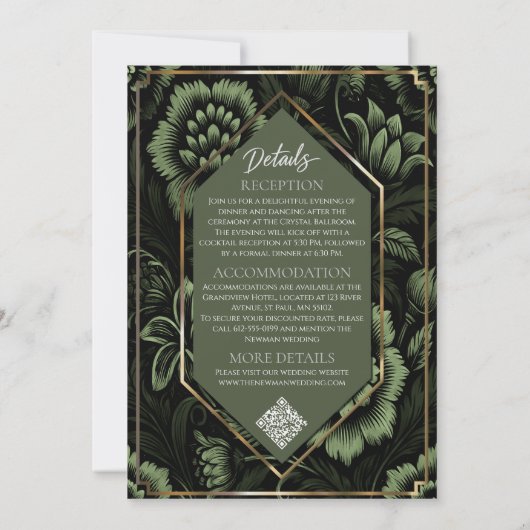 Olijfgroen en goud Bloemen Details & bruiloft Kaart (Achterkant)