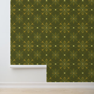 Olijfgroen en goud bloemen geometrisch patroon behang