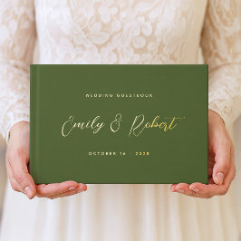Olijfgroen en goud Elegant Script Wedding Gastenboek