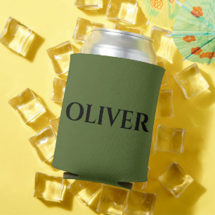 Olijfgroen en minimalistische zwarte naam blikjeskoeler
